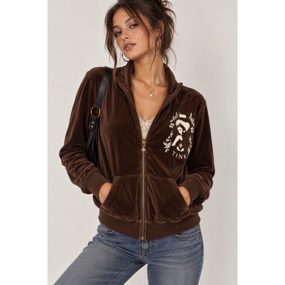Disney Store Tinker Bell Velour Jacket Womens XL Brown Believe Full Zip Y2K